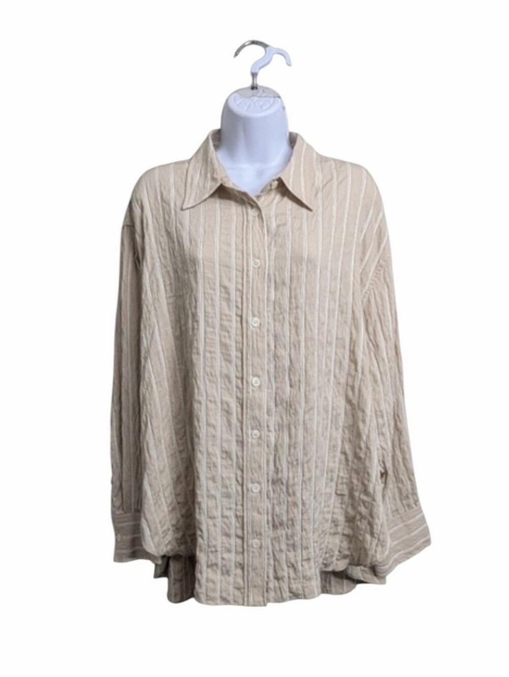Zara Woman Crinkle Beige White Striped Button-Up Shirt Sz XL Long Sleeve Casual